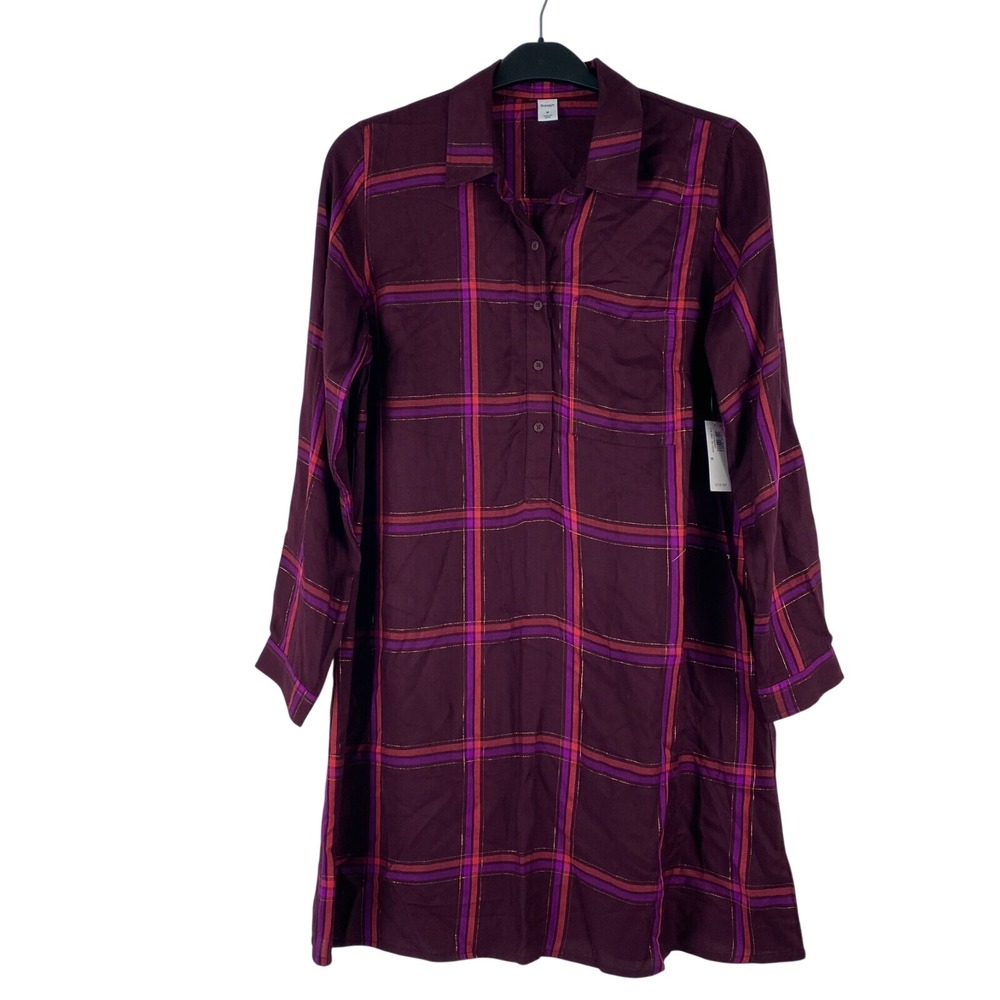 Old Navy Womens Plaid Shirt‎ Dress Burgundy Plaid Long Sleeve Size M